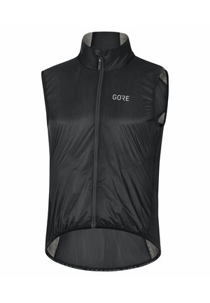 Schwarze ärmellose Fahrradweste mit durchgehendem Frontreißverschluss, hohem Kragen und "GORE"-Logo auf der oberen linken Brustseite.