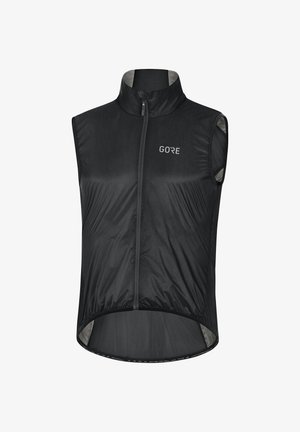 Czarna bezrękawnik rowerowy z pełnym suwakiem z przodu, wysokim kołnierzem i logo "GORE" na górnej lewej piersi.