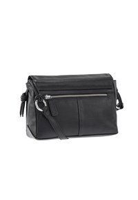 Borsa a tracolla in pelle nera con tasca con zip sul davanti, texture liscia, tracolla regolabile e dettagli decorativi a nodo sul lato.