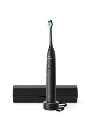 Zwarte elektrische tandenborstel met een groene en blauwe borstelkop, een oplaadbasis en een stijlvolle reiskoffer. Bevat een aan/uit-knop en indicatielampjes.