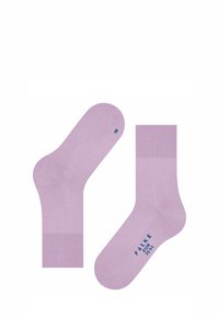 Chaussettes en coton lavande avec des bords côtelés, comportant le texte bleu "FALKE RUN 35-41" et "R" sur le pied, texture lisse et design de longueur mi-mollet.