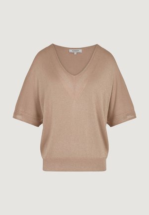 Beżowy krótki sweter z dzianiny z krótkim rękawem i dekoltem w serek, z prążkowanym dołem i mankietami oraz subtelnym fakturowanym zdobieniem na krawędziach dekoltu i rękawów.