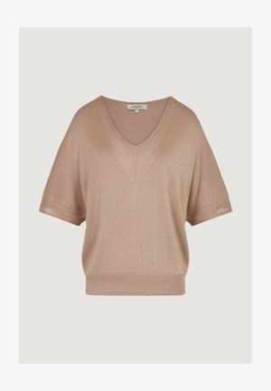 Beżowy krótki sweter z dzianiny z krótkim rękawem i dekoltem w serek, z prążkowanym dołem i mankietami oraz subtelnym fakturowanym zdobieniem na krawędziach dekoltu i rękawów.