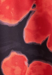 Forme noire de chauve-souris avec des ailes pointues sur un fond en tissu tie-dye rouge et orange aux bords doux.