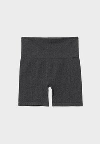 Shorts moulants gris foncé en tissu doux et extensible. Taille haute, longueur mi-cuisse, design sans coutures et détails minimalistes.