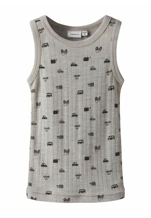 Haut sans manches gris clair en tissu côtelé, présentant un motif répété de divers petits véhicules dans des couleurs foncées.