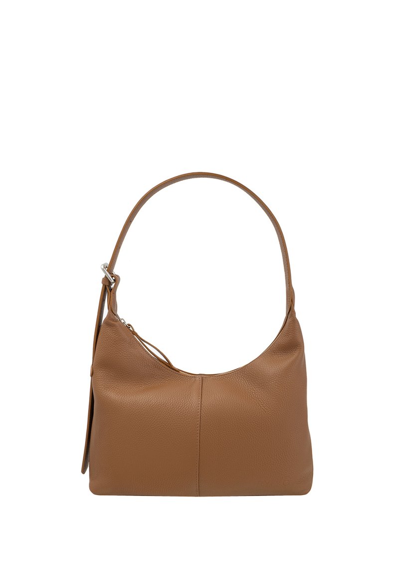 Pruun nahast õlakott kõverate sangadega, tekstuurse pinnaga ja tõmblukuga sulgemine. Iseloomustab lihtsat, kaunistusteta disaini.