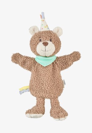 Brown curly teddy bear wearing a pastel party hat and mint green bandana, standing with arms open against a white background.