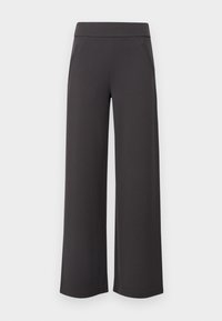 Pantalons amples en tissu gris foncé. Taille élastique avec deux poches latérales. Texture lisse, design ajusté sans motifs visibles.