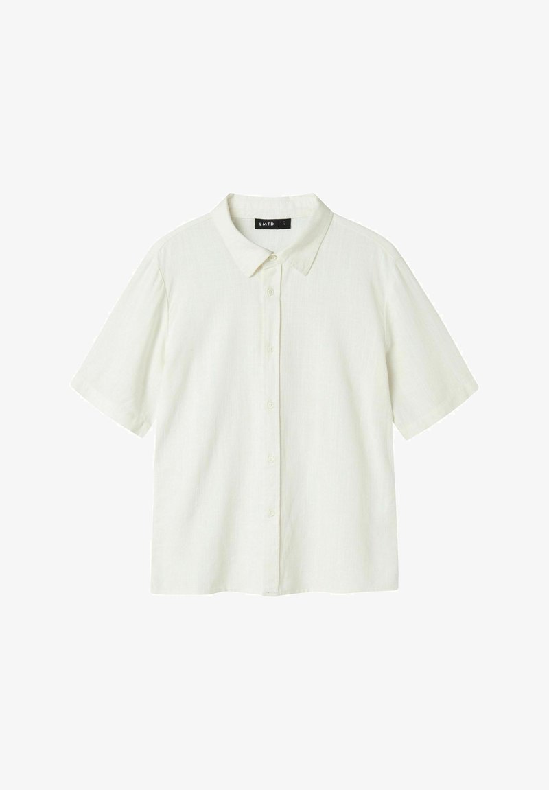 Vaalean beige lyhythihainen nappipaita, jossa on kaulus, pehmeä tekstiili ja suora leikkaus. Näkyvissä on kuusi etunappia.