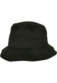 Fekete, pamutból készült kalap, széles, lefelé ívelő karimával és sima felülettel. Nincsenek látható minták vagy fém részletek.