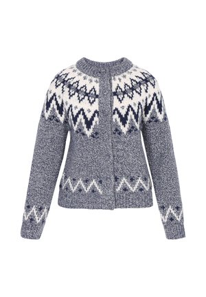 Sötétkék és fehér színű kötött kardigán geometrikus mintával. Kerek nyakkivágás, gombos záródás és hosszú ujjak jellemzik. Texturált gyapjúkeverék.