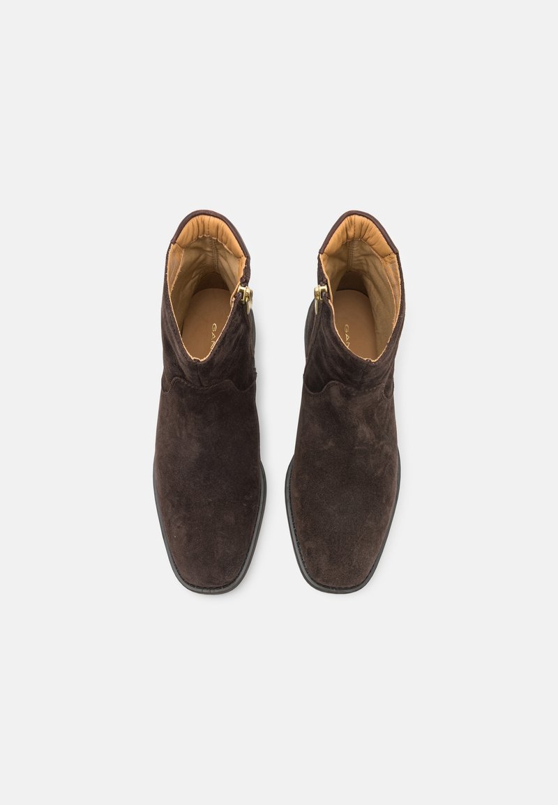 Dunkelbraune Wildleder-Ankle-Boots mit Reißverschluss, spitz zulaufender Zehenpartie und einer weichen, strukturierten Oberfläche. Glatte Innenauskleidung in einem helleren Farbton.