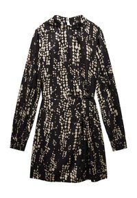 Mini-robe noire à manches longues avec un motif abstrait beige à taches, col montant et détail froncé à la taille.