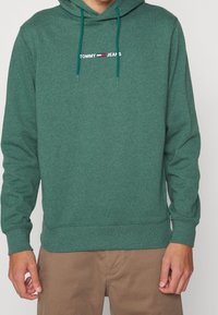 Grön hoodie i mjukt tyg, med dragsko i huvan, ribbade ärmslut och en liten broderad logotyp på bröstet.