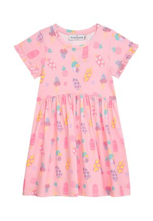 Rosa kurzärmeliges Kleid für Kleinkinder mit Rüschenärmeln, verziert mit bunten Mustern von Eiscreme, Eis am Stiel, Ananas und Blumen.