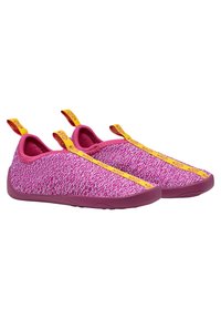 Pink slip-on shoes with a textured upper featuring white speckles, yellow accent straps, and a flexible rubber sole for comfort.