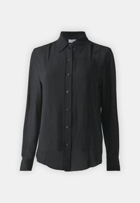Black button-up shirt made of smooth fabric, featuring a classic collar, long sleeves, and vertical seam detailing.