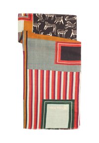 Folded scarf with multicolored stripes, animal silhouettes, geometric blocks, and the text "nice things" on a pale green square.