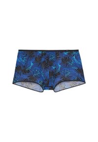 Boxershorts aus einem blauen Stoff mit einem floralen Muster in Schwarz und Teal. Mit einem schwarzen Bund und weichem Material. Bis zur Mitte des Oberschenkels.