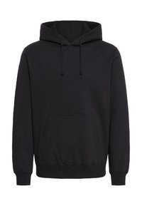 Zwarte hoodie van katoenmix met een voorste kangaroo zak, een capuchon met trekkoord en textuur borduursel met de tekst "WAAR KUNST GLORIE ONTMOET."