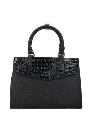 Geantă neagră cu model texturat de piele artificială de șarpe, cu clapetă lucioasă de închidere și mânere duble rotunjite.