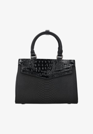 Schwarze Handtasche mit strukturiertem Kunst-Schlangenhautmuster, glänzendem Klappverschluss und abgerundeten Doppelgriffen.