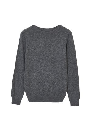 Pull en gris foncé à manches longues avec col rond, présentant des poignets et un ourlet côtelés, posé à plat sur un fond blanc.