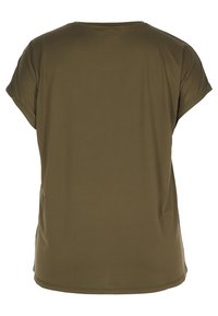 Oliivivihreä lyhythihainen T-paita pyöreällä pääntiellä, pehmeä rakenne ja rento malli. Ei näkyviä kuvioita tai koristeluja.