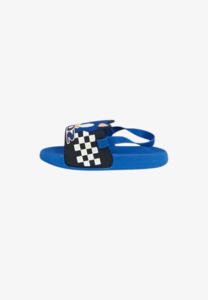 Sandalo blu a ciabatta per bambini con cinturino nero con un personaggio dei cartoni animati blu e motivo a scacchi bianco e nero.