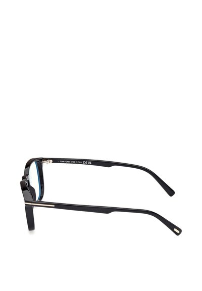 Lunettes rectangulaires noires avec verres teintés bleu, accents métalliques et finition lisse. Les branches portent un logo et présentent une légère courbure.