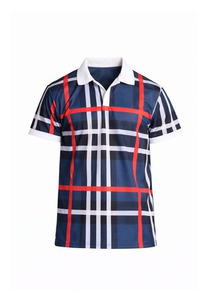 Granatowa koszulka polo z białym kołnierzem i rękawami, ozdobiona wyrazistym wzorem w kratkę z białych, czarnych i czerwonych pasków.