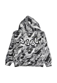 Felpa con cappuccio tie-dye nera e grigia, con testo in stile graffiti "DSGL" e un testo più piccolo "Disclaimer" sul retro.