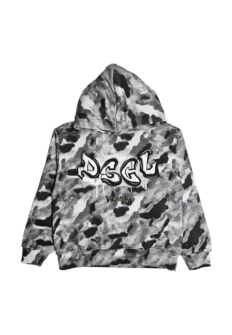 Felpa con cappuccio tie-dye nera e grigia, con testo in stile graffiti "DSGL" e un testo più piccolo "Disclaimer" sul retro.