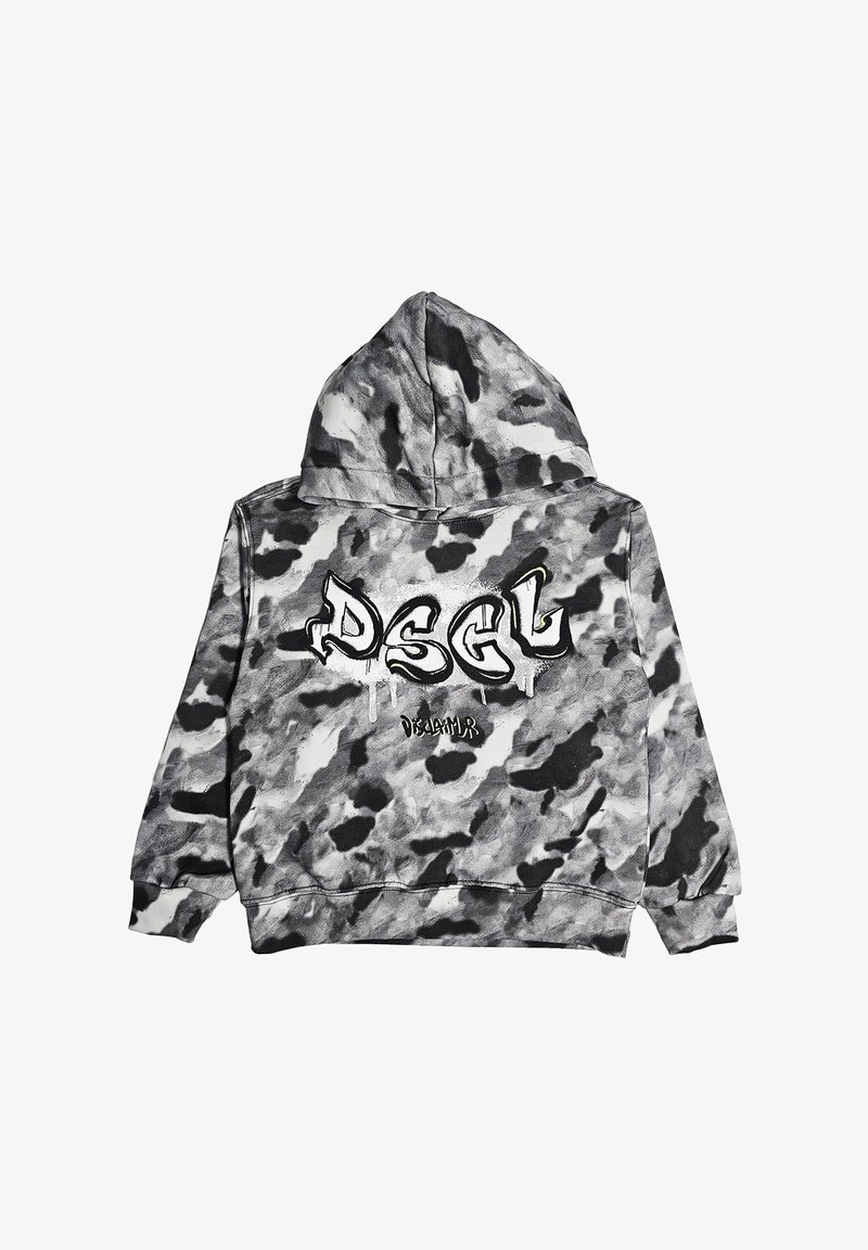 Felpa con cappuccio tie-dye nera e grigia, con testo in stile graffiti "DSGL" e un testo più piccolo "Disclaimer" sul retro.