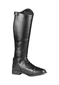 Botas de montar negras de cuero suave, con caña alta, cordones en la parte delantera y un tacón bajo. Diseñadas para uso ecuestre.