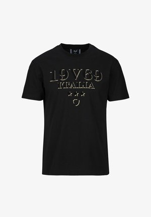 Schwarzes Baumwoll-T-Shirt mit erhabenem goldenen Text "19V69 ITALIA" und einem Wappen mit fünf Sternen darunter. Rundhals und kurze Ärmel.
