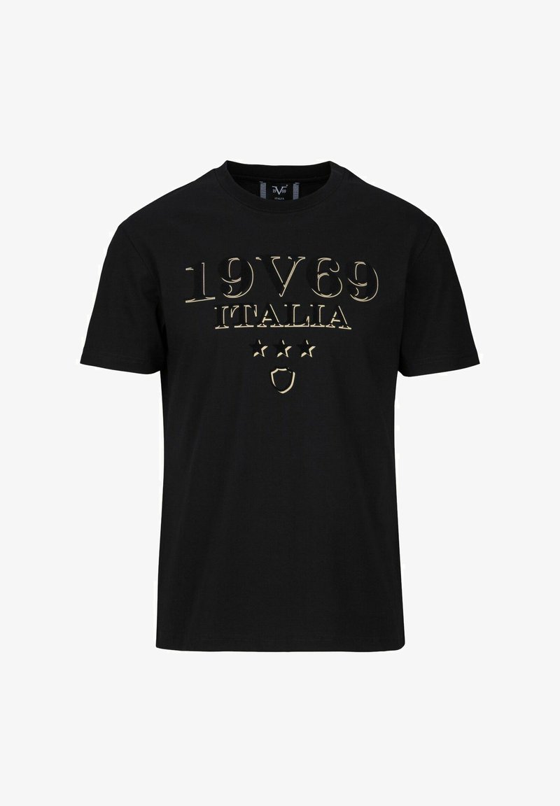 Zwart katoenen T-shirt met reliëf gouden tekst "19V69 ITALIA" en een schild met vijf sterren eronder. Ronde hals en korte mouwen.