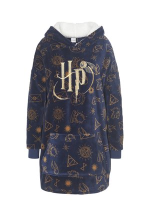 Navy blue hooded sweatshirt with gold designs, including symbols and logos. Soft texture and kangaroo pocket. Fleece-lined hood.