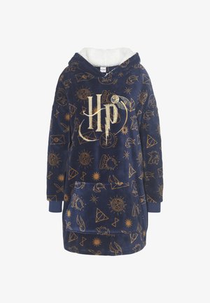 Felpa con cappuccio blu navy con motivi dorati, inclusi simboli e loghi. Tessuto morbido e tasca a marsupio. Cappuccio foderato in felpa.