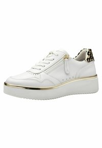 White leather sneaker with a gold-accented platform sole, featuring a decorative leopard print heel, and side zipper detail.