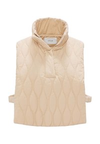 Beige gesteppte Oberbekleidung mit hohem Kragen, Halb-Reißverschluss, seitlichen Bindebändern und einer glatten, gepolsterten Textur.