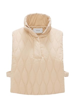 Beige gewatteerde buitenkleding met een hoge kraag, voorzien van een halve rits, zijstrikjes en een gladde, gepofte textuur.