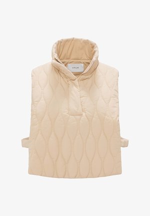 Beige gewatteerde buitenkleding met een hoge kraag, voorzien van een halve rits, zijstrikjes en een gladde, gepofte textuur.