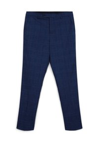 Marineblaue karierte Hose aus einem strukturierten Stoff, mit seitlichen Taschen und einem klassischen Knopfverschluss. Slim-Fit-Design.