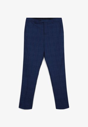 Marineblaue karierte Hose aus einem strukturierten Stoff, mit seitlichen Taschen und einem klassischen Knopfverschluss. Slim-Fit-Design.