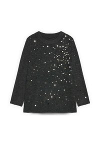 Donkergrijze gebreide trui met lange mouwen en een ronde hals. Voorzien van verspreide metalen pailletten in zilver, zwart en goud.