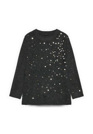 Suéter de punto gris oscuro con mangas largas y escote redondo. Presenta lentejuelas metálicas dispersas en plata, negro y dorado.
