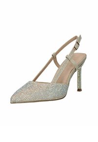 Sandal in beige scintillante con tacco alto, punta affusolata, cinturino alla caviglia e scintillanti strass sulla parte superiore e sul tacco.