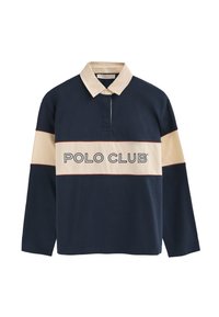 Marineblaue Poloshirt mit langen Ärmeln und beigefarbenen horizontalen Streifen sowie dem Schriftzug „POLO CLUB“. Verfügt über einen beigen Kragen und kontrastreiche rote Besätze.